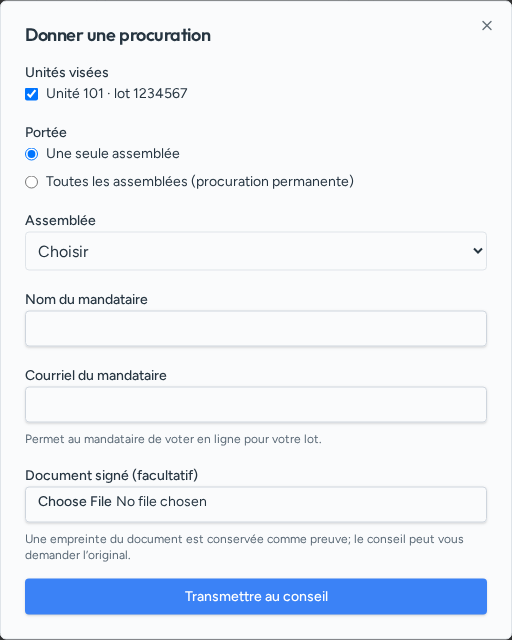 Formulaire Donner une procuration avec unités visées, portée, assemblée et coordonnées du mandataire.