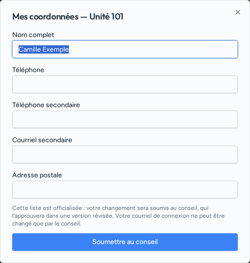 Fenêtre Mes coordonnées avec nom, téléphones, courriel secondaire et adresse postale.