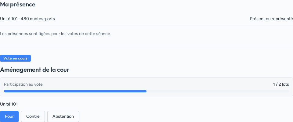 Vote en cours avec progression de participation et boutons Pour, Contre et Abstention.