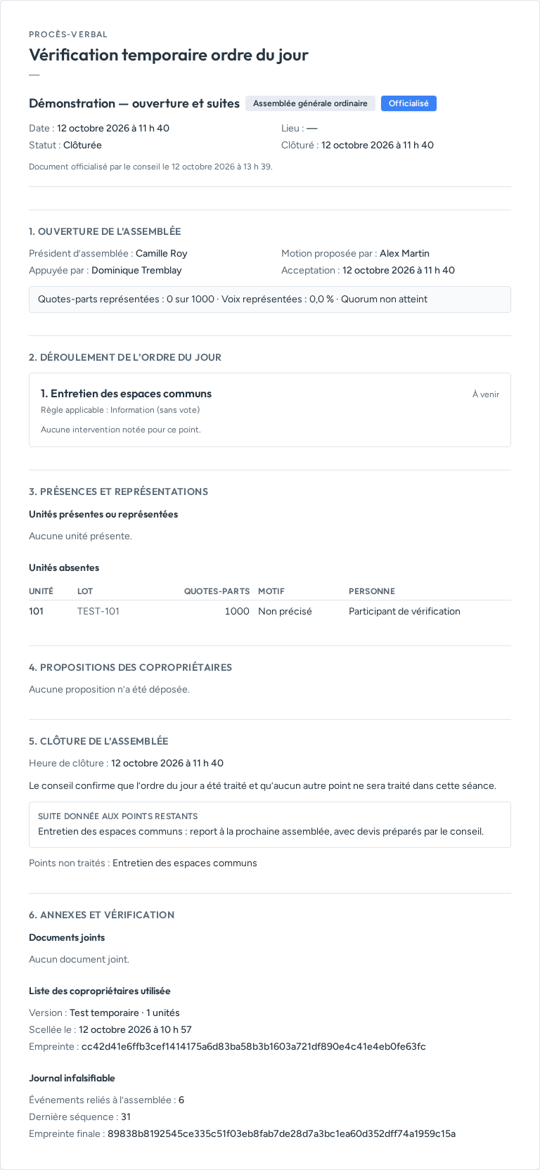 Procès-verbal officialisé d’une assemblée de démonstration : six sections numérotées, badge Officialisé, présences, points et annexes.